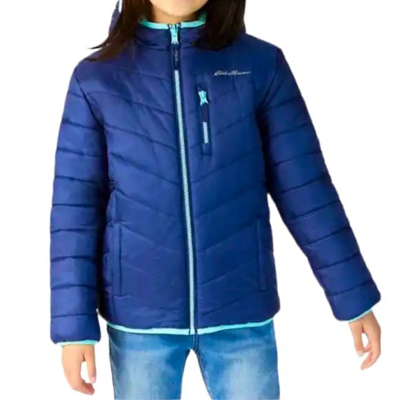 SOFT Eddie Bauer Girls Navy Blue Winter Snow Jacket Reversible Faux Fur Small - Picture 3 of 8